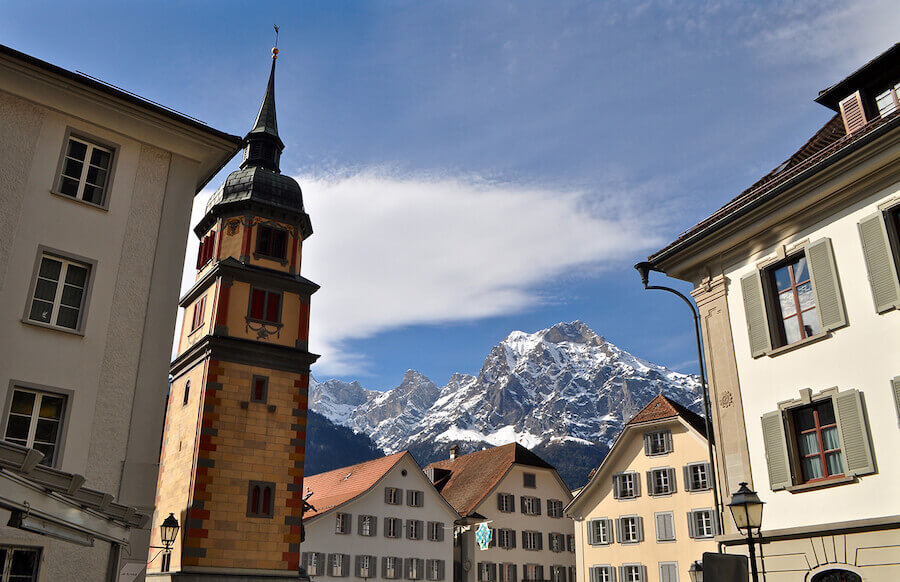 View of the Townhall Square with William Tell monument in Altdorf, Canton Uri